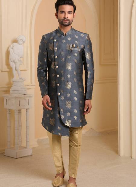 Gray Colour Traditional Jacquard Silk Digital Print Party Wear Indo Western Mens Collection 9203